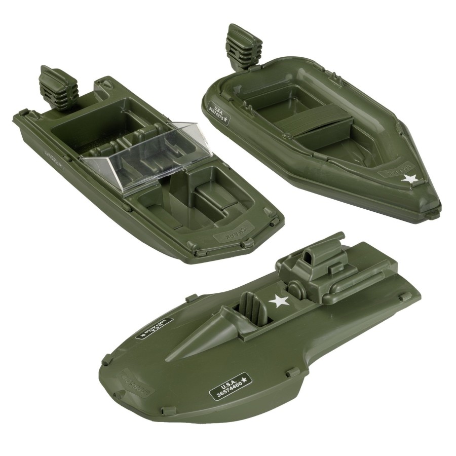 Era Tim Mee | Timmee Toy Plastic Raft & Boats-3 Olive Green Army Men Ships-Made In Usa