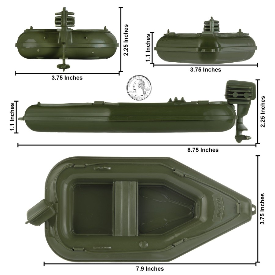 Era Tim Mee | Timmee Toy Plastic Raft & Boats-3 Olive Green Army Men Ships-Made In Usa