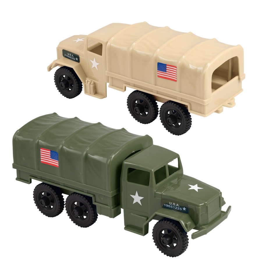 Era Tim Mee | Timmee Plastic Army Men Trucks-Tan & Green M34 Deuce & A Half Cargo Vehicles