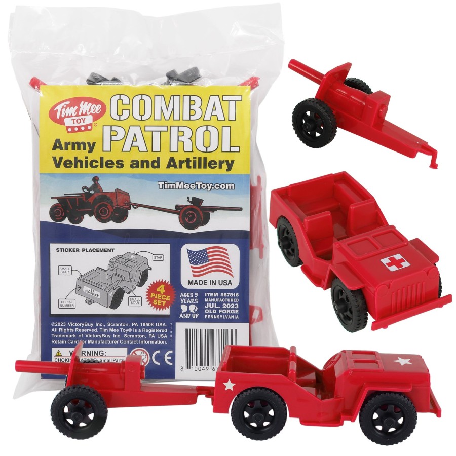 Era Tim Mee | Timmee Combat Patrol Willys & Artillery-Red 4Pc Playset Usa Made