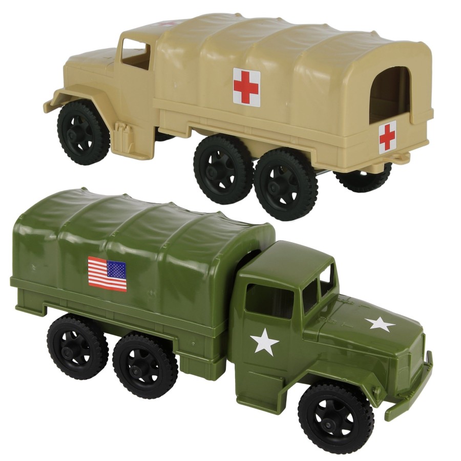 Era Tim Mee | Timmee Plastic Army Men Trucks-Od Green & Tan M34 Deuce And A Half Cargo Vehicles Us Made