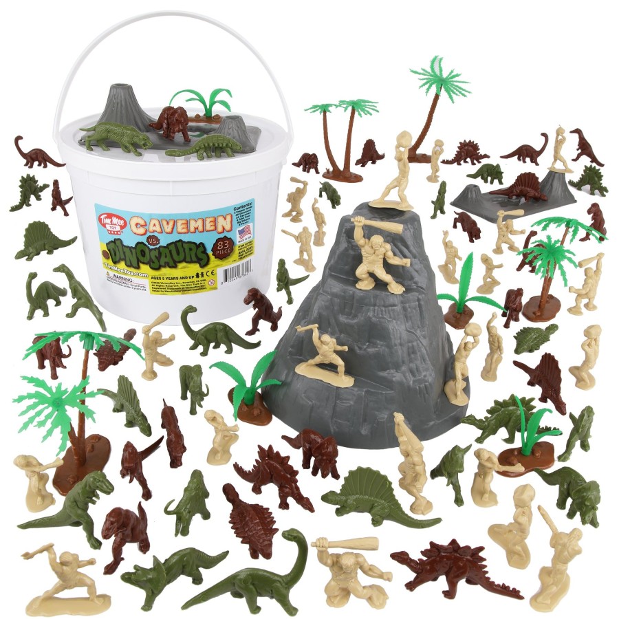 Era Tim Mee | Timmee Bucket Of Prehistoric Dinosaur & Caveman-83Pc Plastic Figures & Terrain