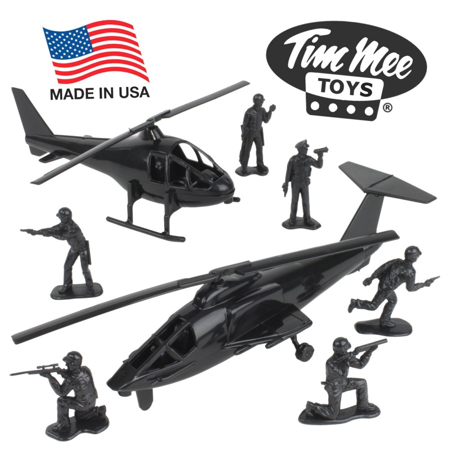 Era Tim Mee | Timmee Black Helicopter Plastic Army Men-8Pc Swat Chopper Playset: Made In Usa