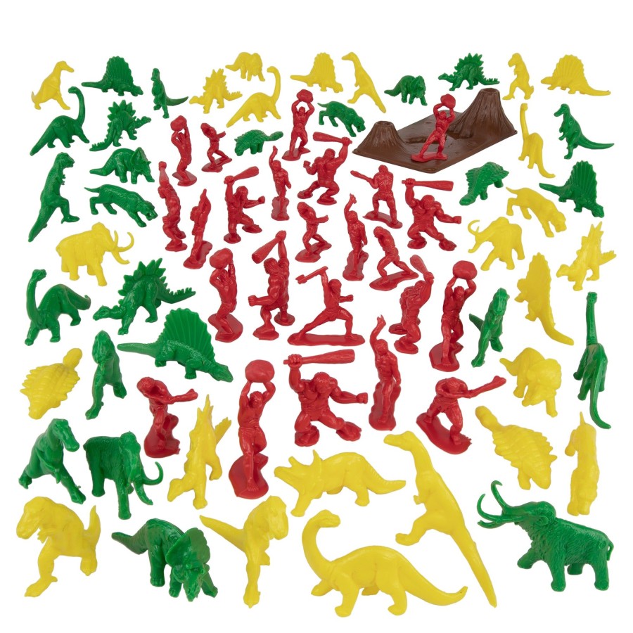 Era Tim Mee | Timmee Prehistoric Plastic Dinosaur & Caveman Figures-Red, Green & Yellow 73Pc