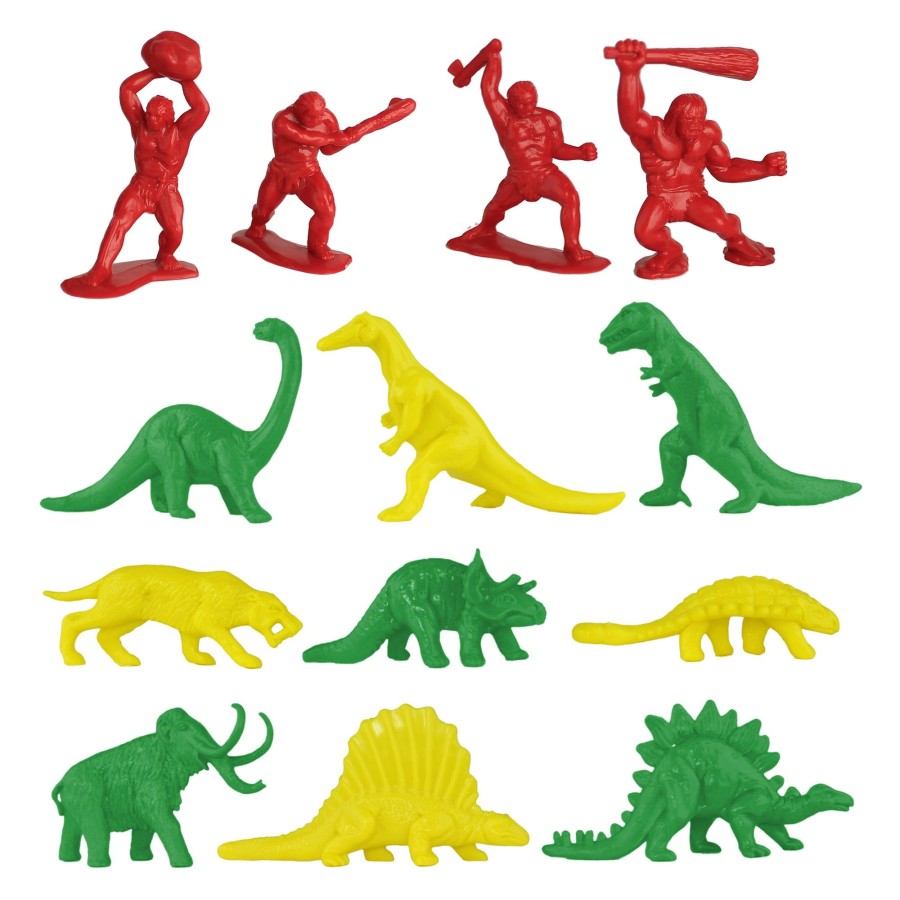 Era Tim Mee | Timmee Prehistoric Plastic Dinosaur & Caveman Figures-Red, Green & Yellow 73Pc